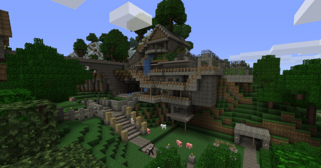 Minecraft house stone castle village hut outdoors 4 stories sheep pig ...